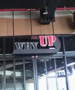 ป้ายกล่องไฟอะคริลิกออกหน้าและข้าง WHY UP ห้อย มุมตรง